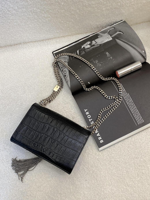 YSL 小号 黑银 雾面 鳄鱼压纹牛皮 kate 流苏 链条包 商品图1