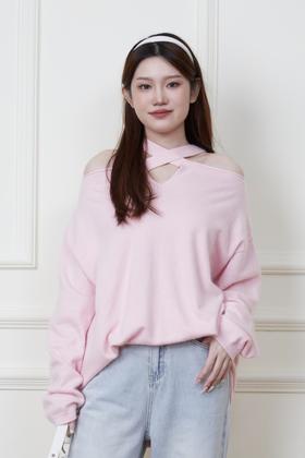 SIA SAYLOR 交叉镂空露肩针织上衣 19836