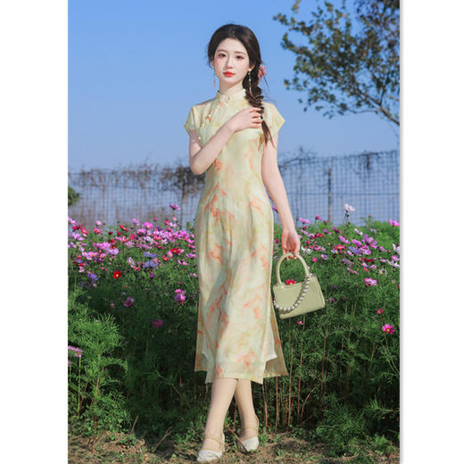 GX时尚改良新中式长款竹节棉连袖旗袍2025春新款气质淑女旗袍 商品图0