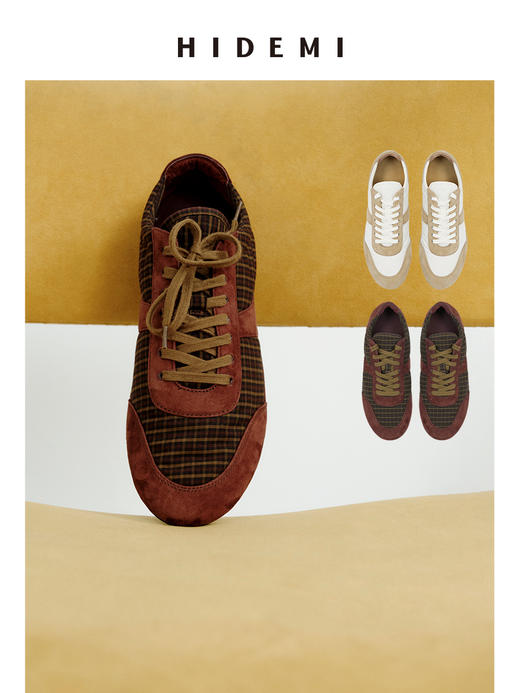 HIDEMI citywalk轻跑鞋系列梭织尼龙拼接麂皮系带德训鞋球鞋 浅卡其拼白/格纹拼棕 商品图1