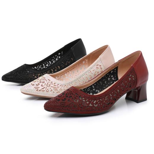 雀说新款时尚镂空网纱粗跟韩版浅口女凉鞋烫钻单鞋透气舒适女鞋AL3001 商品图4