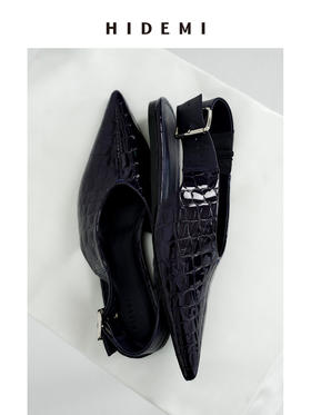 HIDEMI 进口牛皮鳄鱼纹尖头摩登松紧带可调节扣平底鞋单鞋 夜空蓝/杏仁灰