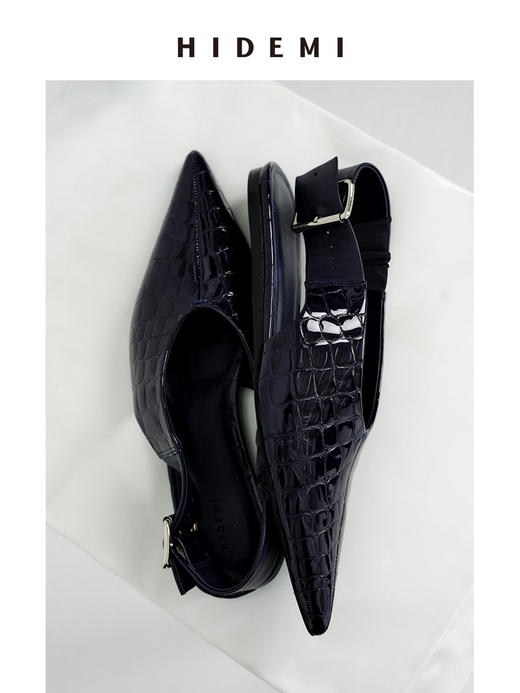 HIDEMI 进口牛皮鳄鱼纹尖头摩登松紧带可调节扣平底鞋单鞋 夜空蓝/杏仁灰 商品图0