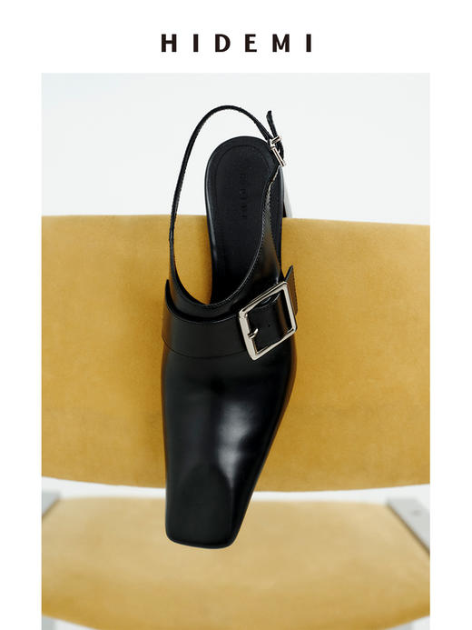 HIDEMI 【侯佩岑同款】进口牛皮金属扣搭襻设计感尖方头粗跟可调节扣高跟鞋单鞋 黑色/白色 商品图9