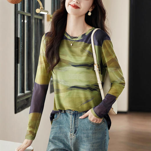 雀说时尚扎染长袖网纱T恤女士高级感百搭显瘦打底衫洋气上衣AL34267 商品图1