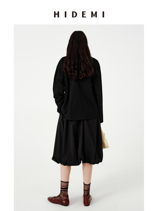 HIDEMI极简设计感压褶花苞甄选长绒棉纸感蓬蓬半身裙 黑色/自然白 商品图11