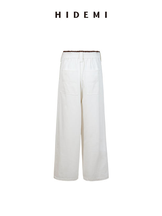 HIDEMI撞色极简设计感斜纹棉皮边拼接镶嵌工艺花苞式中高腰直筒裤 商品图7