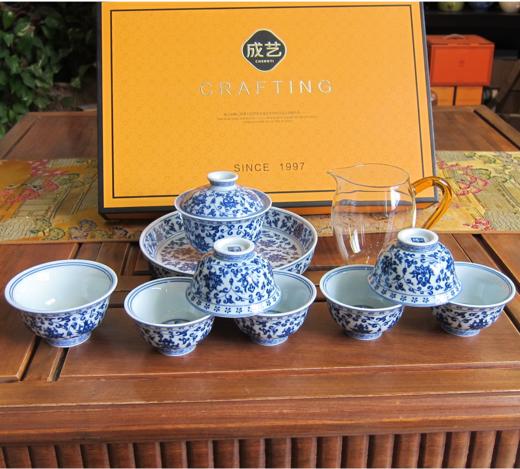成艺陶瓷 永乐缠枝莲悬停盖碗10入功夫茶具套装釉下彩复古家用壶承成艺永乐缠枝莲悬停盖碗套组10入 商品图0