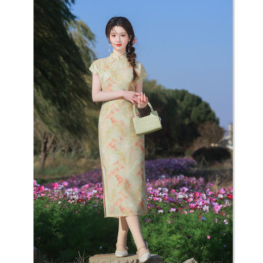 GX时尚改良新中式长款竹节棉连袖旗袍2025春新款气质淑女旗袍 商品图1