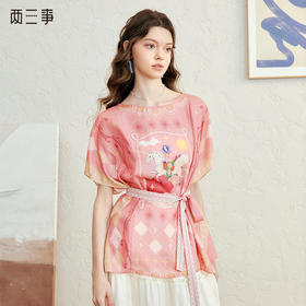 两三事 梦马游记 2025春季新款甜美印花绑带连袖雪纺衫女宽松