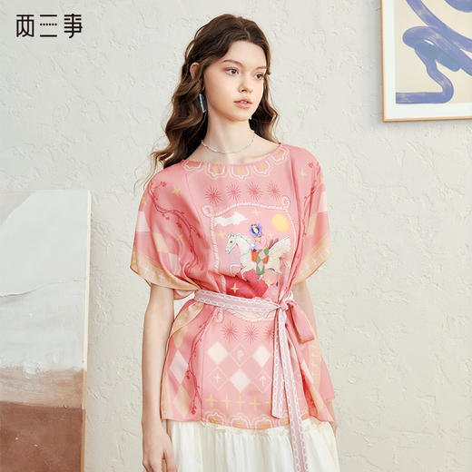 两三事 梦马游记 2025春季新款甜美印花绑带连袖雪纺衫女宽松 商品图0