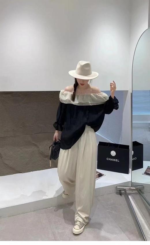 冰点价！仅限11.11！退货勿拍 原创设计师品牌- CHUMO初沫8008一字肩宽松黑拼米色花边领小衫-喜出 商品图1