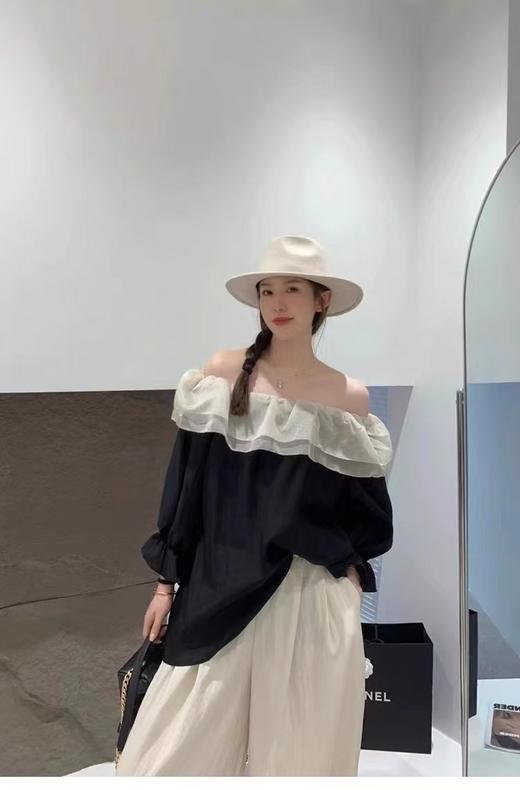 冰点价！仅限11.11！退货勿拍 原创设计师品牌- CHUMO初沫8008一字肩宽松黑拼米色花边领小衫-喜出 商品图3