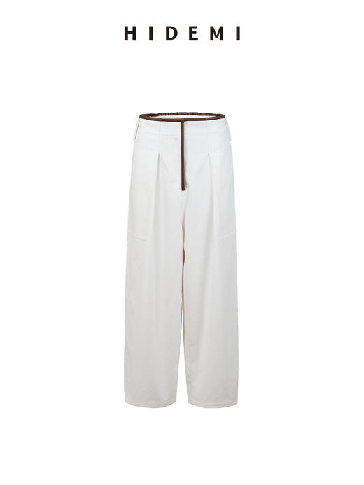 HIDEMI撞色极简设计感斜纹棉皮边拼接镶嵌工艺花苞式中高腰直筒裤 商品图6