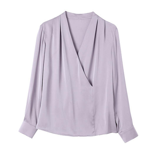 丁摩真丝衬衫女时尚纯色V领设计感简约紫色桑蚕丝上衣AL 商品图4