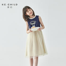 棵初2025年夏季新款拼纱针织背心连衣裙女童蝴蝶结印花无袖中长裙