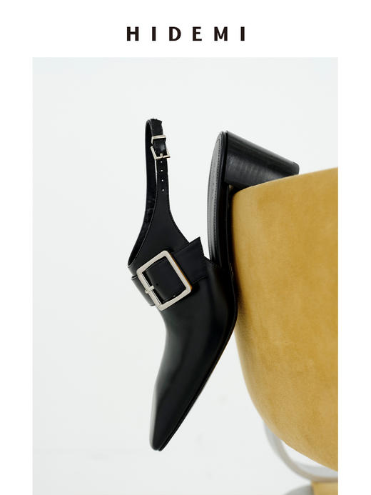 HIDEMI 【侯佩岑同款】进口牛皮金属扣搭襻设计感尖方头粗跟可调节扣高跟鞋单鞋 黑色/白色 商品图7