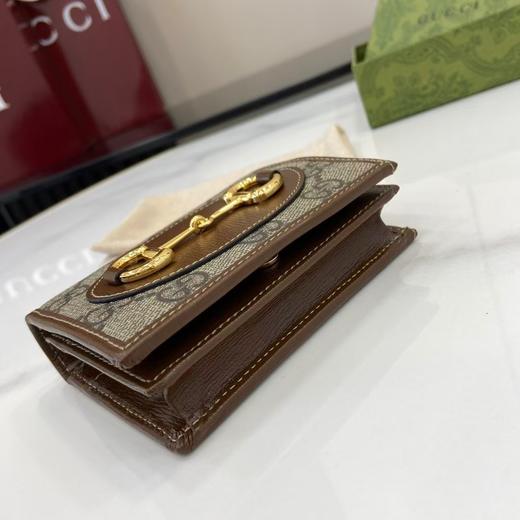 GUCC*古家 Horsebit 1955 复古金扣马衔扣老花Logo拉链开合 帆布拼皮 卡包钱包 常规 女款 乌木色/棕色（CB） 商品图3