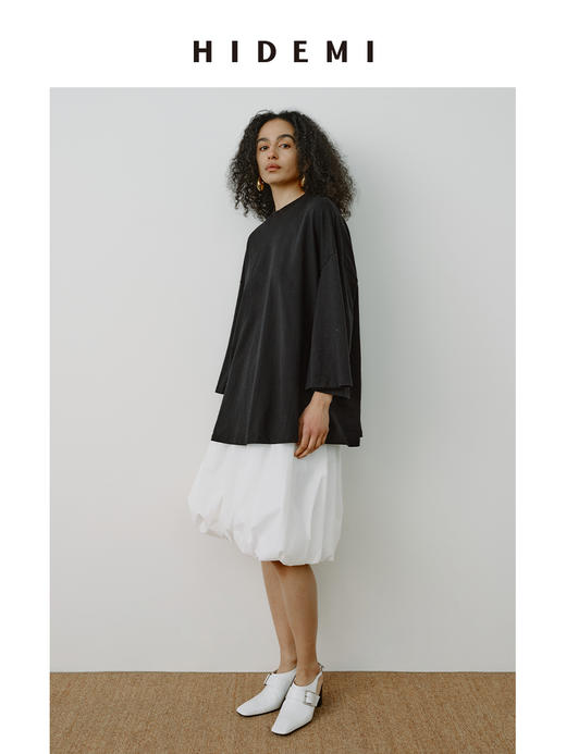 HIDEMI极简设计感压褶花苞甄选长绒棉纸感蓬蓬半身裙 黑色/自然白 商品图7