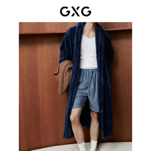 GXG男士家居服蓝黑条纹翻领睡袍加厚宽松家居上衣 商品图2