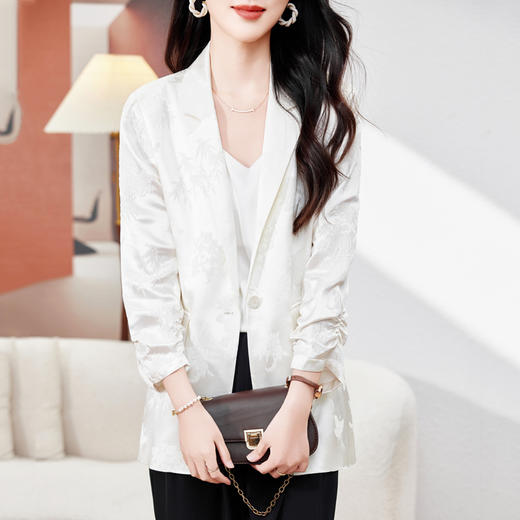 丁摩高端重磅真丝小西装女一粒扣暗纹提花桑蚕丝冠乐绉外套AL0085 商品图2