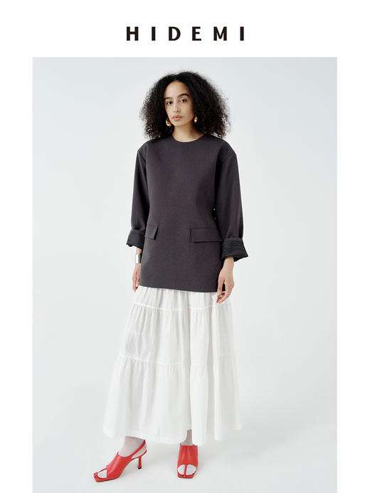 HIDEMI 极简设计感压褶拼接显瘦伞状牵牛花半身裙 格纹/自然白 商品图9