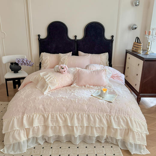 A类立体蝴蝶雪纺花边四件套  公主风蕾丝绣花套件 商品图0