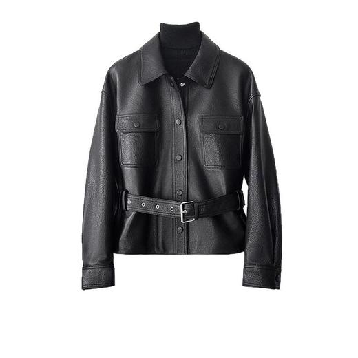 丁摩荔枝纹特种羊皮翻领衬衫式明星款真皮皮衣外套女AL6228 商品图4