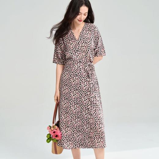 25夏季时尚气质粉色豹纹印花茶歇裙V领收腰一片式围裹连衣裙25088 商品图0