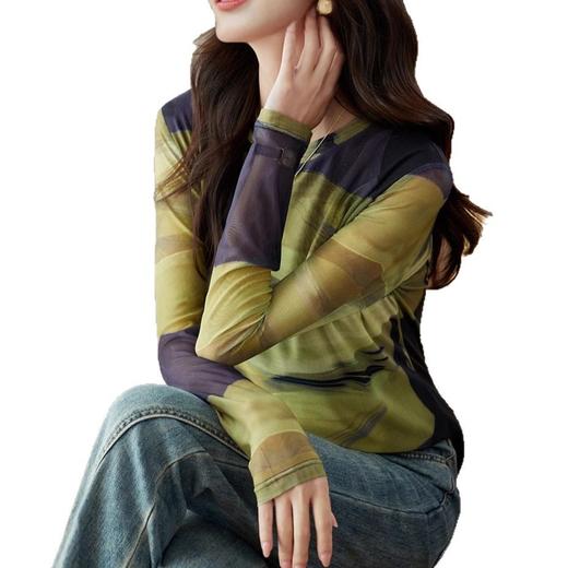 雀说时尚扎染长袖网纱T恤女士高级感百搭显瘦打底衫洋气上衣AL34267 商品图4