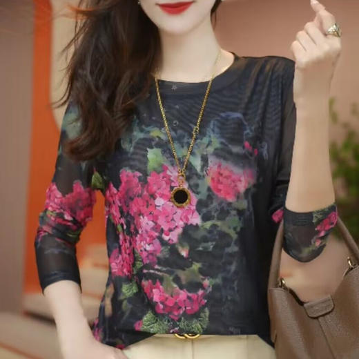 雀说圆领网纱打底小衫长袖女印花高级感春季新款洋气上衣时尚t恤ALSMZ34378 商品图0