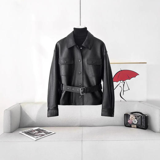 丁摩荔枝纹特种羊皮翻领衬衫式明星款真皮皮衣外套女AL6228 商品图3