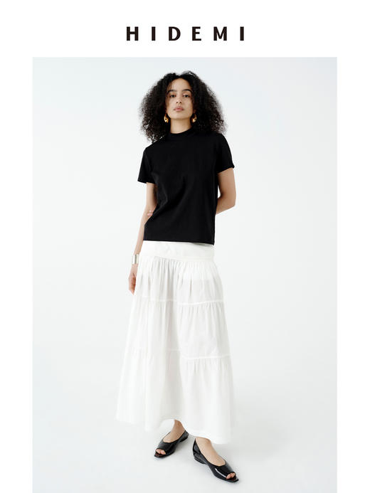 HIDEMI 极简设计感压褶拼接显瘦伞状牵牛花半身裙 格纹/自然白 商品图4
