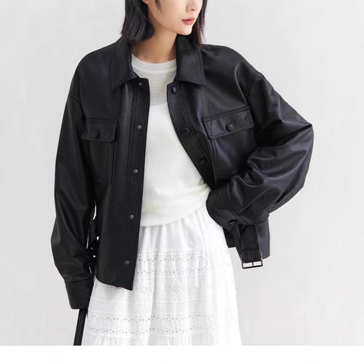 丁摩荔枝纹特种羊皮翻领衬衫式明星款真皮皮衣外套女AL6228 商品图1