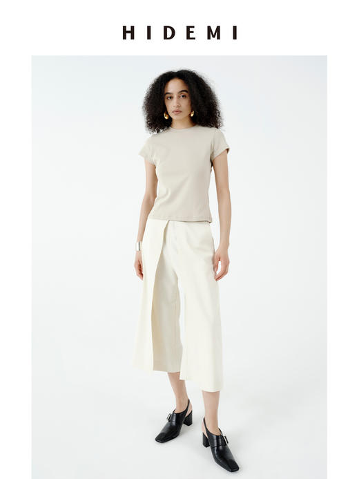 HIDEMI极简小圆领肩部拼接超显瘦基础款进口高弹收身款短款t恤 商品图8
