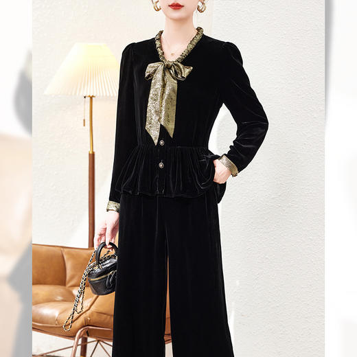 丁摩桑蚕丝丝绒长袖设计感新款真丝衬衫女飘带蝴蝶结洋气上衣ALAS0086 商品图2