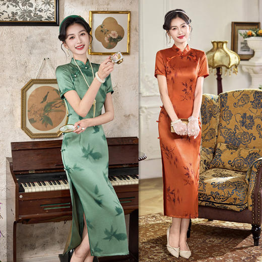 GX长款圆襟印花旗袍2025春夏新款改良新中式绿色旗袍 商品图0