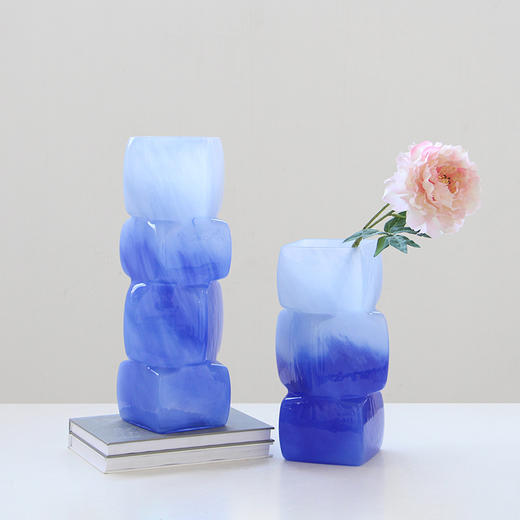 中古风渐变蓝色几何方块花瓶餐桌软装酒店电视柜台面装饰玻璃摆件 商品图2