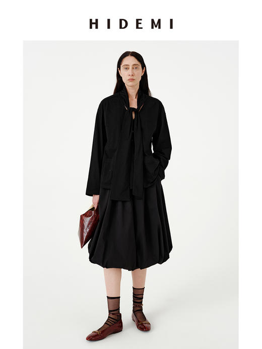 HIDEMI极简设计感压褶花苞甄选长绒棉纸感蓬蓬半身裙 黑色/自然白 商品图10