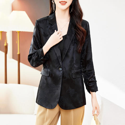 丁摩高端重磅真丝小西装女一粒扣暗纹提花桑蚕丝冠乐绉外套AL0085 商品图0
