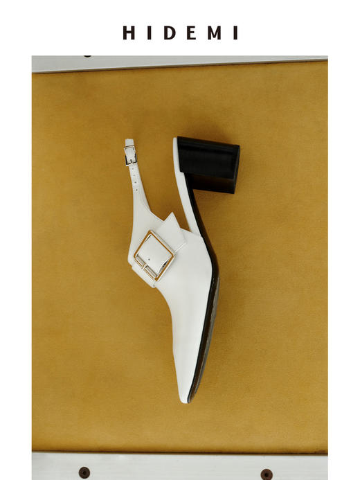 HIDEMI 【侯佩岑同款】进口牛皮金属扣搭襻设计感尖方头粗跟可调节扣高跟鞋单鞋 黑色/白色 商品图10