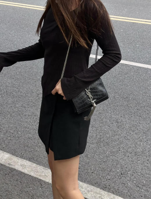 YSL 小号 黑银 雾面 鳄鱼压纹牛皮 kate 流苏 链条包 商品图3
