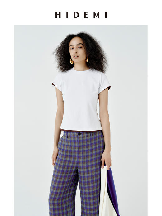 HIDEMI极简小圆领肩部拼接超显瘦基础款进口高弹收身款短款t恤 商品图3