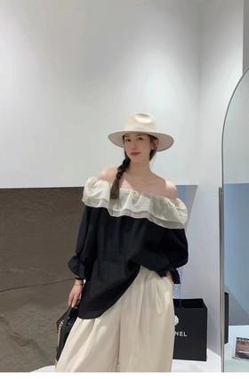 冰点价！仅限11.11！退货勿拍 原创设计师品牌- CHUMO初沫8008一字肩宽松黑拼米色花边领小衫-喜出