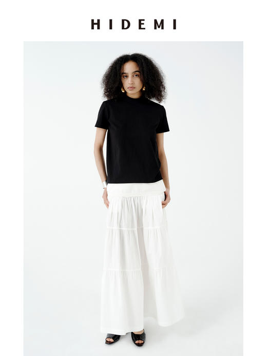 HIDEMI 极简设计感压褶拼接显瘦伞状牵牛花半身裙 格纹/自然白 商品图3