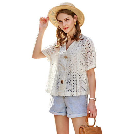 欧芮儿蕾丝衫女短袖2020夏季新款镂空洋气宽松V领气质时尚半袖 商品图3