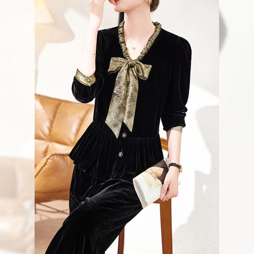 丁摩桑蚕丝丝绒长袖设计感新款真丝衬衫女飘带蝴蝶结洋气上衣ALAS0086 商品图1