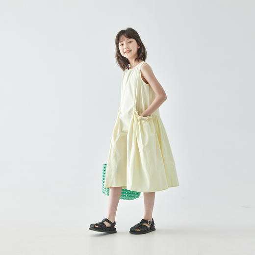 棵初2025年夏季新款儿童纯色无袖连衣裙女童木耳花边口袋中长裙 商品图2