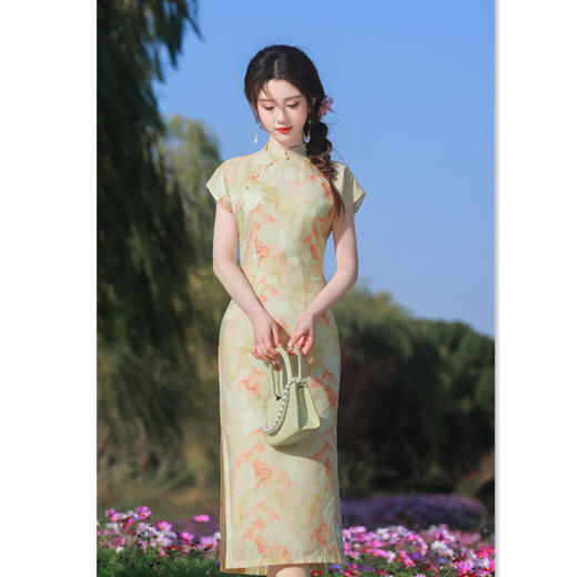 GX时尚改良新中式长款竹节棉连袖旗袍2025春新款气质淑女旗袍 商品图3