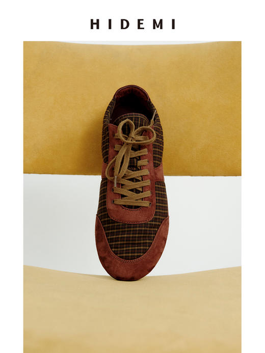 HIDEMI citywalk轻跑鞋系列梭织尼龙拼接麂皮系带德训鞋球鞋 浅卡其拼白/格纹拼棕 商品图0